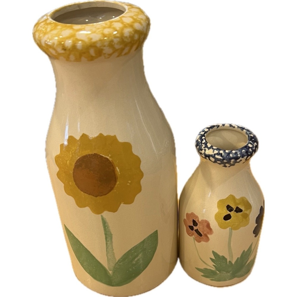 Hand Painted Ceramic Milk Bottle Vase Set Sunflower Pansy Farmhouse Decor